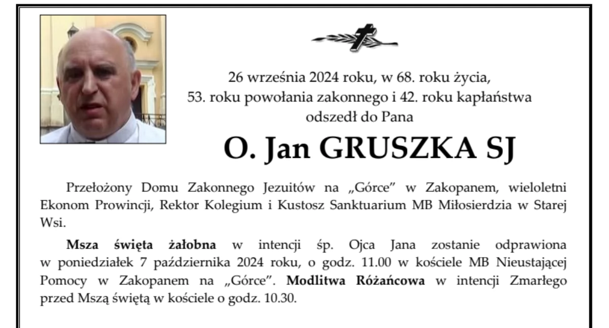 Odeszli, Zmarł Gruszka przełożony Zakonnego Jezuitów „Górce” Zakopanem - zdjęcie, fotografia