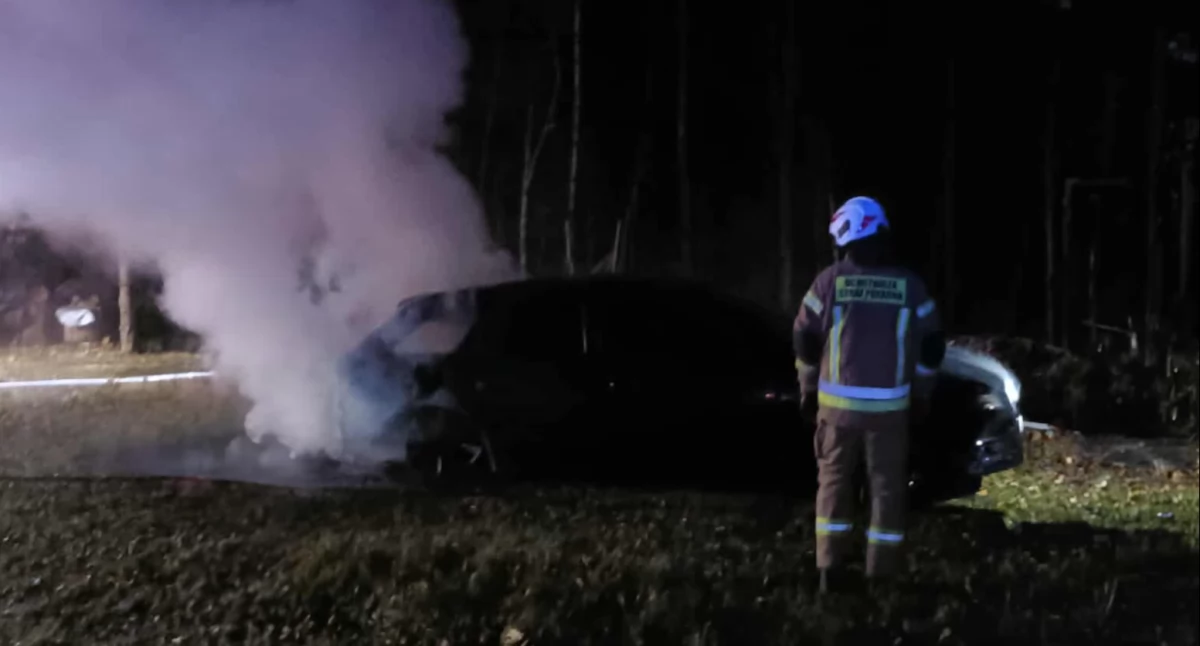 Pożary, Nocny pożar samochodu Ochotnicy Dolnej - zdjęcie, fotografia