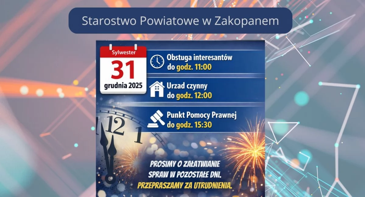 Sprawy lokalne, Skrócony pracy Starostwa Powiatowego Sylwestra grudnia - zdjęcie, fotografia