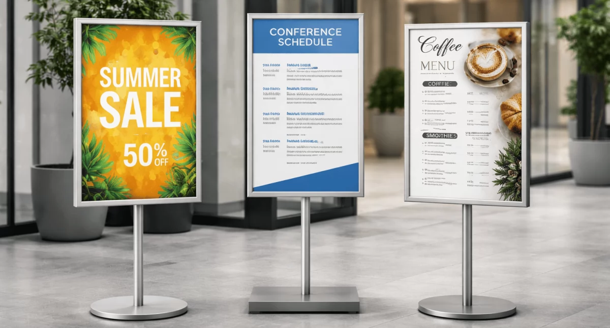 Różne, Stojaki plakaty praktyce porządkują komunikację wizualną wspierają ekspozycję treści - zdjęcie, fotografia