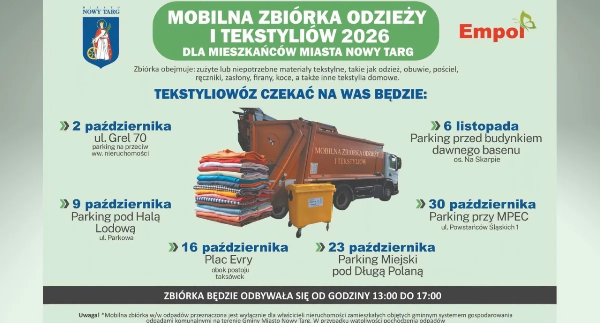 Sprawy lokalne, Jesienna zbiórka odzieży tekstyliów Nowym Targu Mobilny punkt pojawi kilku miejscach - zdjęcie, fotografia