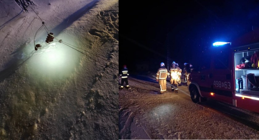Zerwana linia średniego napięcia na jezdni / Fot. OSP Maruszyna