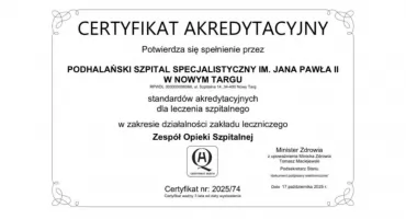 Certyfikat Akredytacyjny Ministra Zdrowia dla Podhalańskiego Szpitala Specjalistycznego w Nowym Targu  